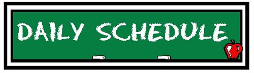 Green clipboard with daily schedule written on it with red apple. 