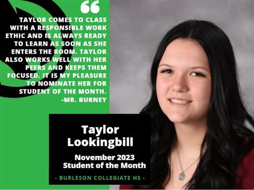 Taylor Lookingbill - November 2023 Student of the Month