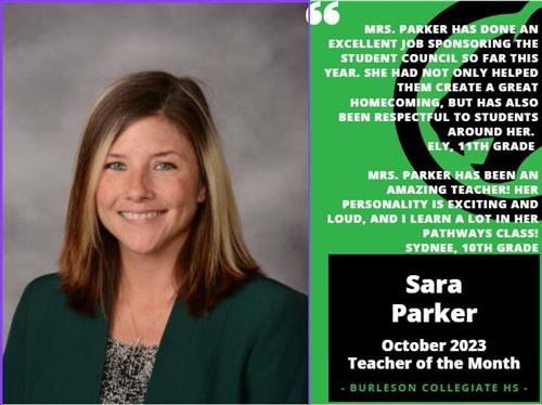 Sara Parker October 2023 Teacher of the Month