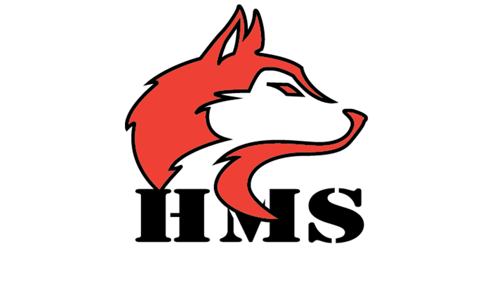 Hughes Logo of the head of a huskey in red and the letters HMS in black